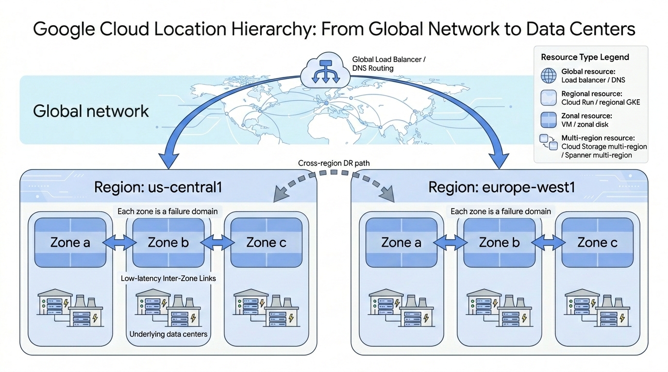 Google Cloud location hierarchy from global network to regions, zones, and underlying data centers